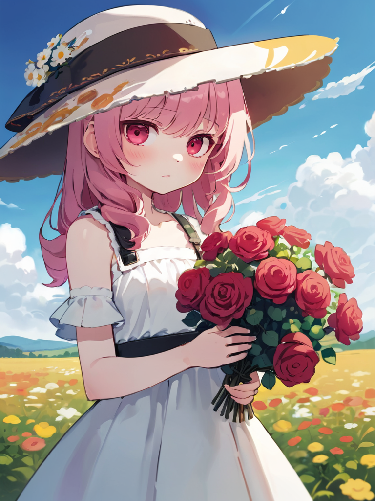 00852-2741256323-(masterpiece, best quality),1girl,flower,solo,dress,holding,sky,cloud,hat,outdoors,bangs,bouquet,rose,expressionless,blush,pink.png